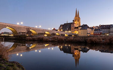 Regensburg and Danube River at night, Germany